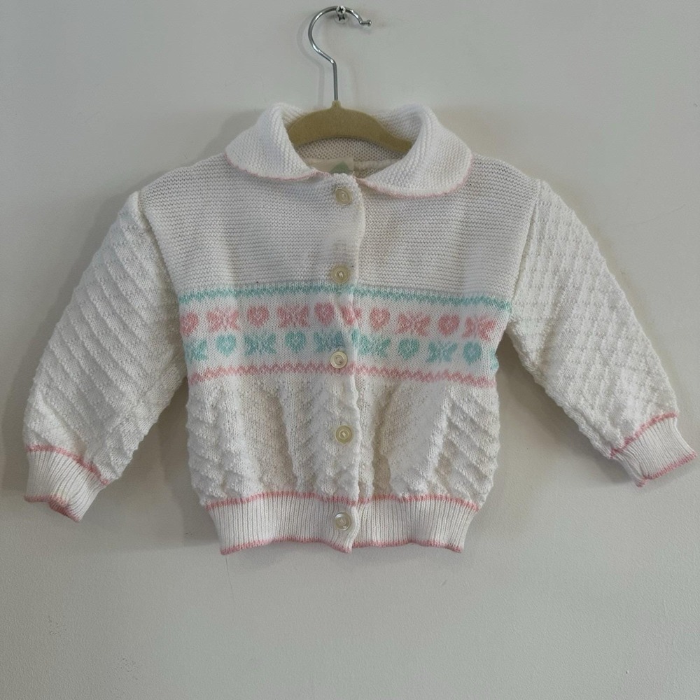 VTG 90's Baby Girl 0-6 Mos White‎ Knit Cardigan Sweater Heart Butterfly